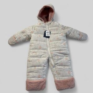 OSHKOSH Girls Snowsuit Size 6-9 Months Gray Pink Floral Flip Booties Zip